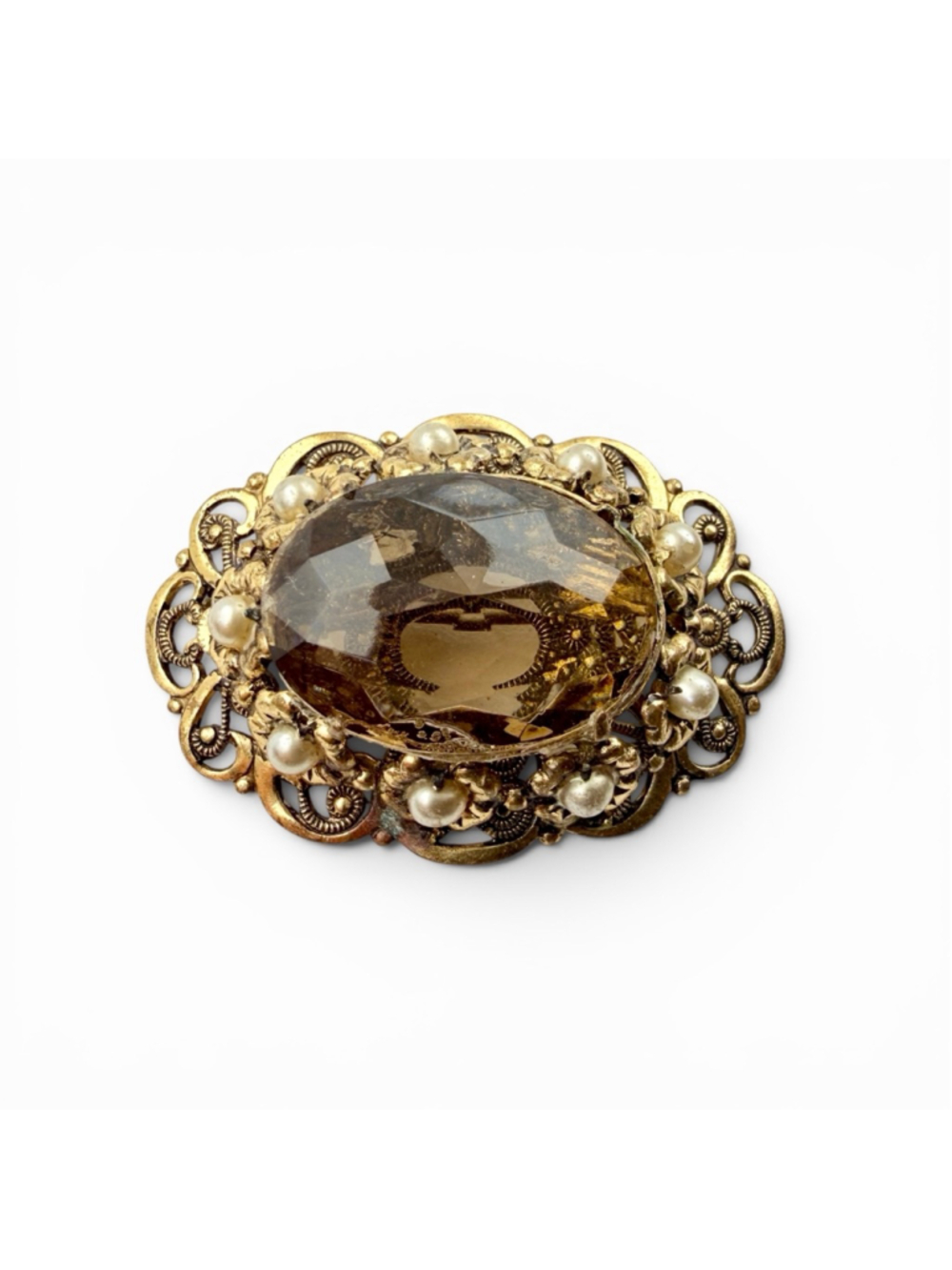 Vintage 1940s West Germany Filigree Brooch Amber Glass Pearl Gold Tone Pin